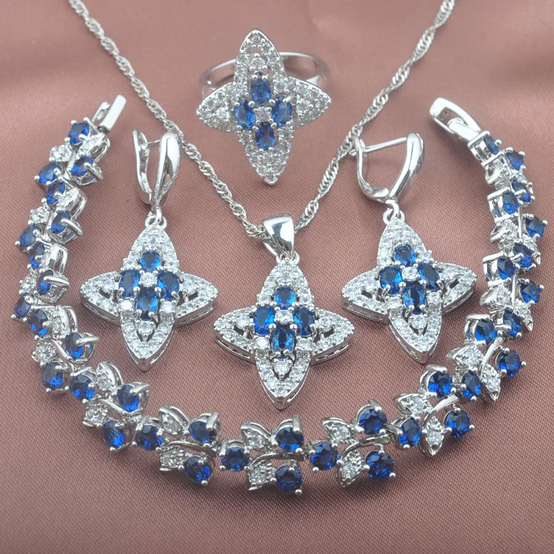 

Комплекты ювелирных изделий с синим цирконием, с кристаллами, для свадьбы, браслеты, серьги, подвеска, колье, кольцо, YZ0345