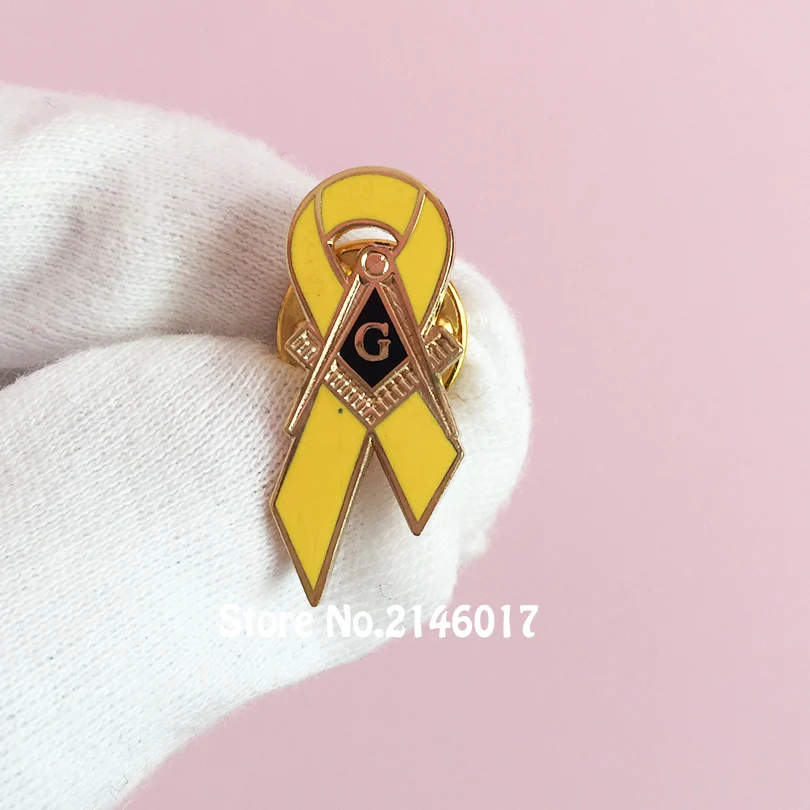 25pcs Lapel Pin Masonic Yellow Ribbon Pins Badge Master Mason Square Compass G in Awareness of Breast Cancer Brooch