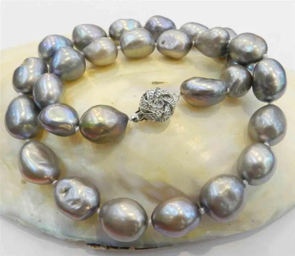 

LARGE 11-13MM SILVER GRAY REAL BAROQUE CULTURED PEARL NECKLACE CRYSTAL AA