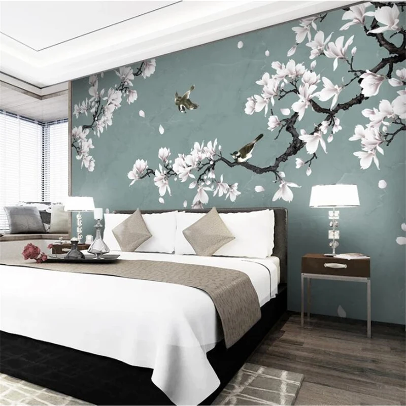 

beibehang Custom wallpaper 3d mural white magnolia hand-painted pen and flower new Chinese background wall decoration painting