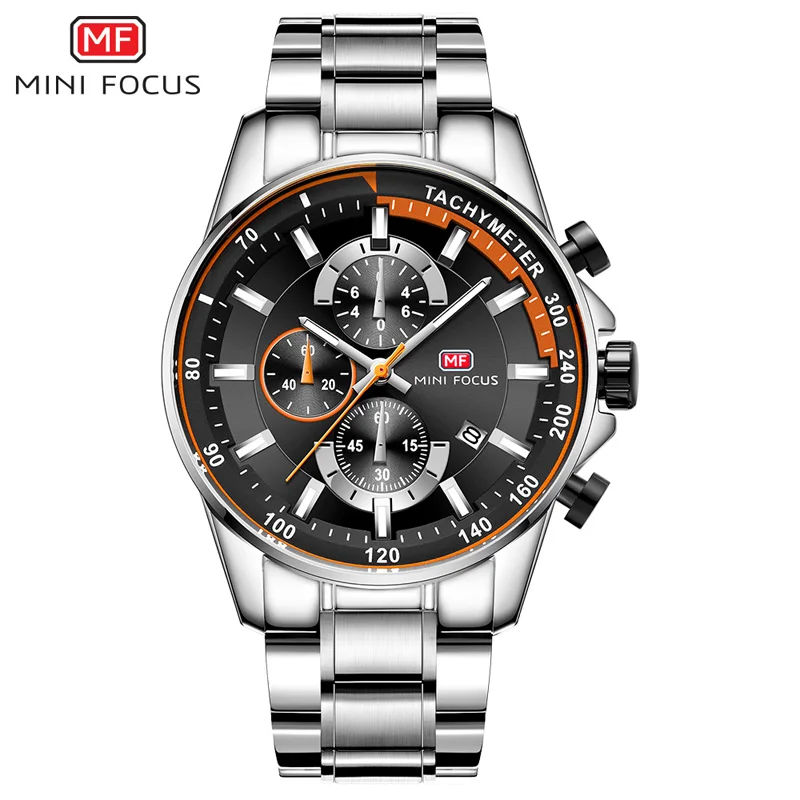 MINI FOCUS Men\'s Business Dress Watches Stainless Steel Luxury Waterproof Chronograph Quartz Wrist Watch Man Silver 0218G.03