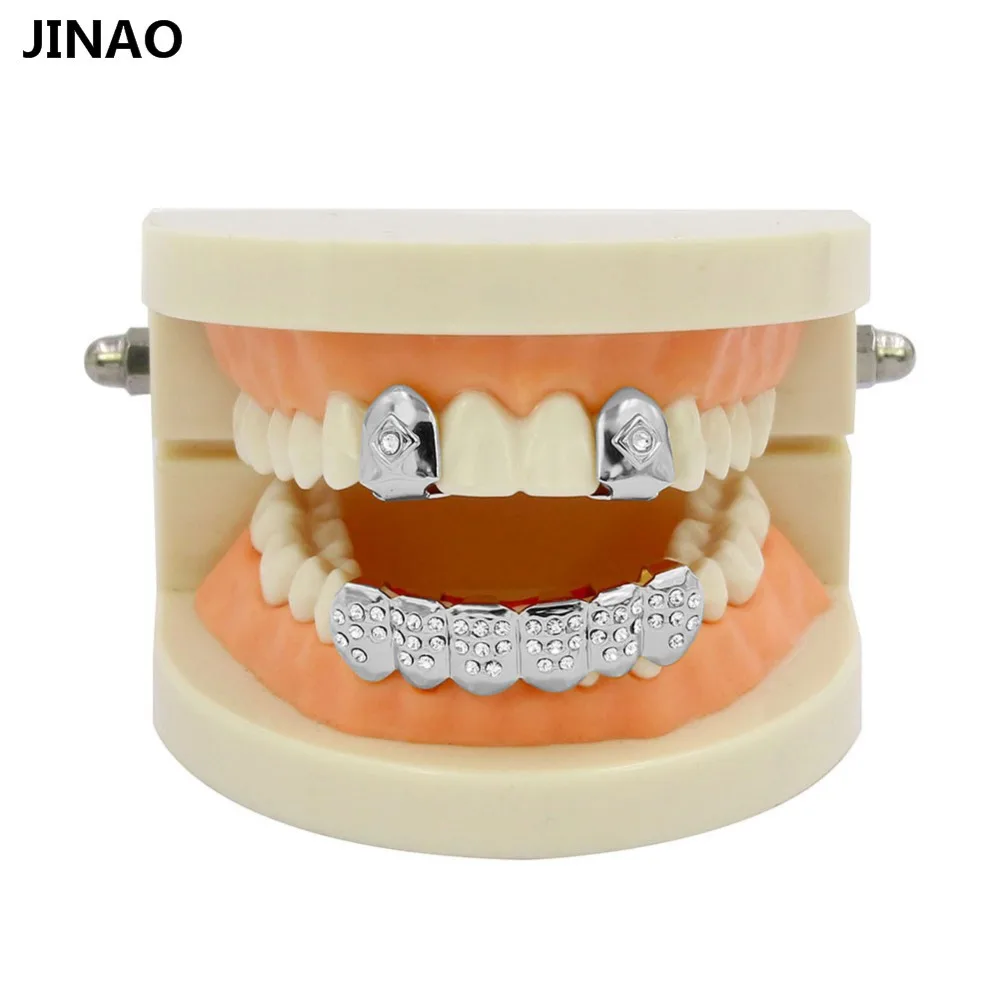 JINAO Men&Women Hip Hop Gold Color Plated Mouth Grillz Set CZ Rhinestone 2pcs Single Top & 6 teeth Bottom set gold grills