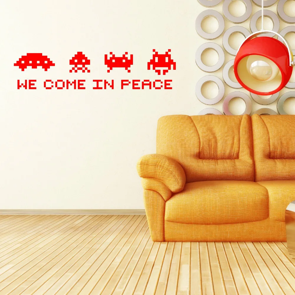 SPACE INVADERS Wall Art Quote - we come in peace Retro Vinyl Wall Decal STICKER Game SPACE INVADERS Play Room Decor Mural ZB313