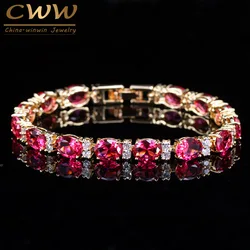 CWWZircons Classic Yellow Gold Color Round Fuchsia Red AAA Cubic Zirconia Crystal Connected Bracelets Bangles for Women CB047