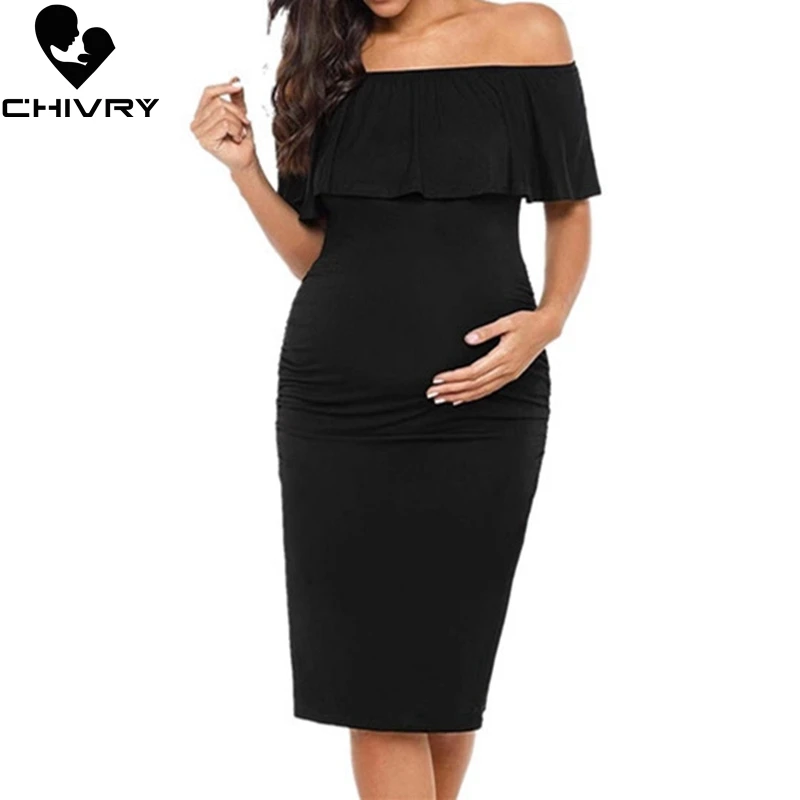 Chivry Schwangere Frauen Schwangerschaft Kleid Mode Kurzarm Slash Neck Solid Rüschen Mama Kleid Mutterschaft Kleidung Kleider