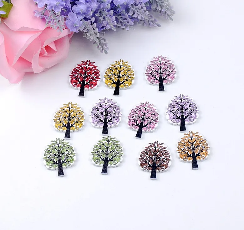 Free shipping -2015 New 100pcs Random Mixed 2 Holes Cartoon Tree Pattern Wood Sewing Buttons Scrapbooking 23x30mm J1443