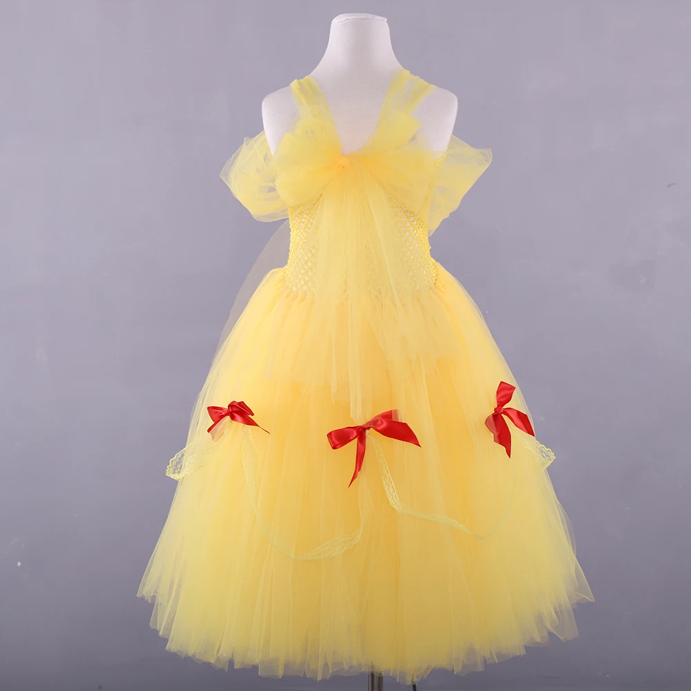 POSH DREAM Belle and Beast Children Cosplay Party Dresses for Girls Yellow Red Pearls Kids Tutu Dresses Flower Girls Clothes