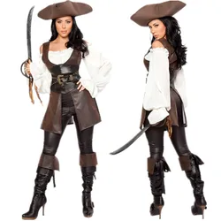 Pirate Costumes Women Pirate Cosplay Patent Leather Vintage Top Vest Pants Hat Belt 5Pcs Set Halloween Cos Clothing Set