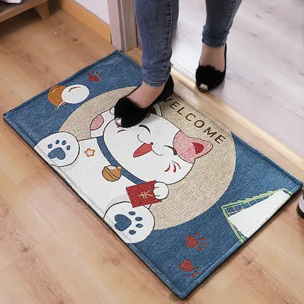 Cute Cartoon Lucky Cat Carpet, Rectangular Soft Kitchen and Entrance Decoration, Non-slip Rug