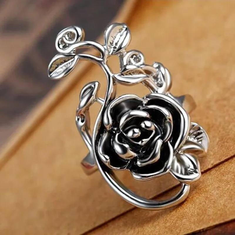 Romantic Fashion Wedding Jewelry Rose Flower Rings for Women Stainless Steel Silver Color Plant Flower Rings