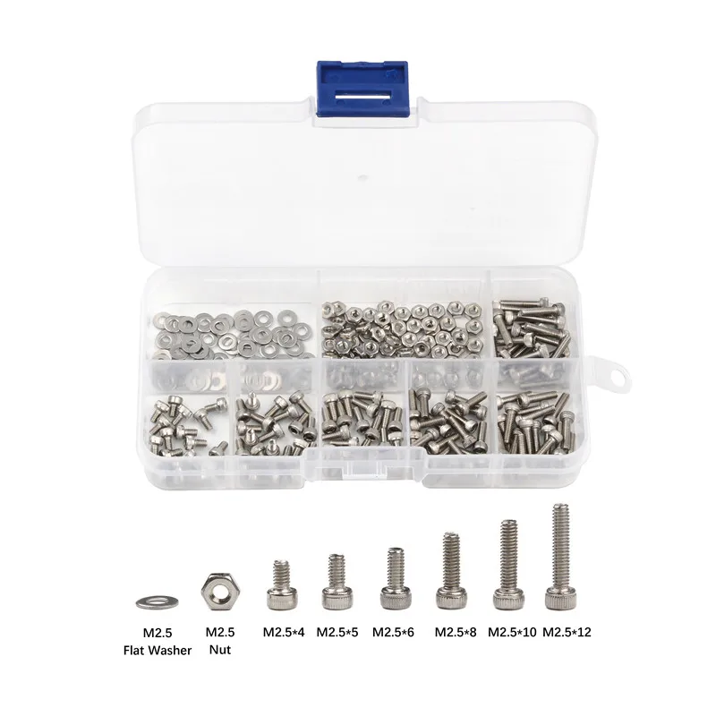 250Pcs M2.5 Stainless Steel Hexagon Socket Head Cap Screws Bicycle Hex Bolts Assortment Mix Kit