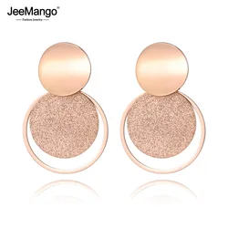 JeeMango Stainless Steel Jewelry Rose Gold Color Frosted Sheet Circle Curved Disc Stud Earrings For Women Christmas Gift JE18446