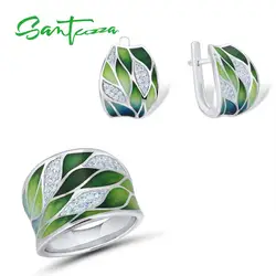 SANTUZZA 925 Silver Jewelry Set For Women Green Bamboo Leaves Dazzling Earrings Ring Set Elegant Fine Jewelry Handmade Enamel