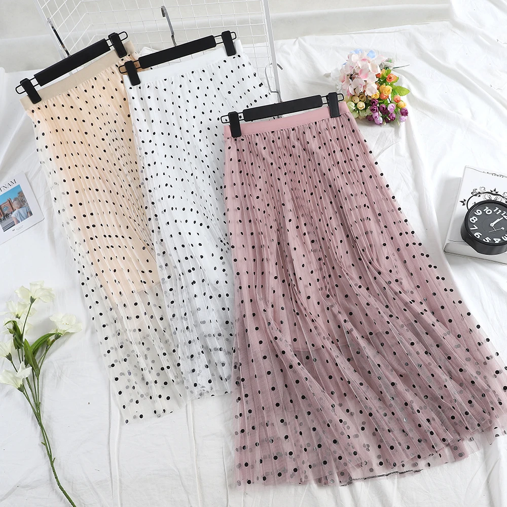 

HISUMA 2024 spring summer new female Sweet dot High Waist Slim Mesh princess Skirt women's elegant gauze Pleated Skirt