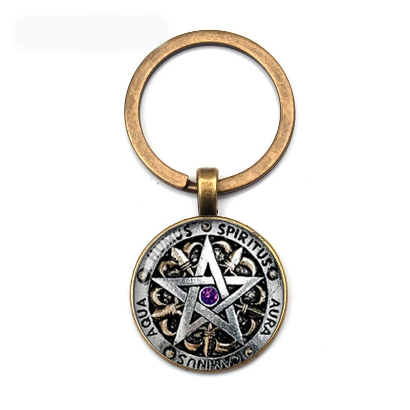 2019vintage punk fashion Wiccan keychain black magic pagan five-pointed star souvenir keyring glass dome man woman favorite gift