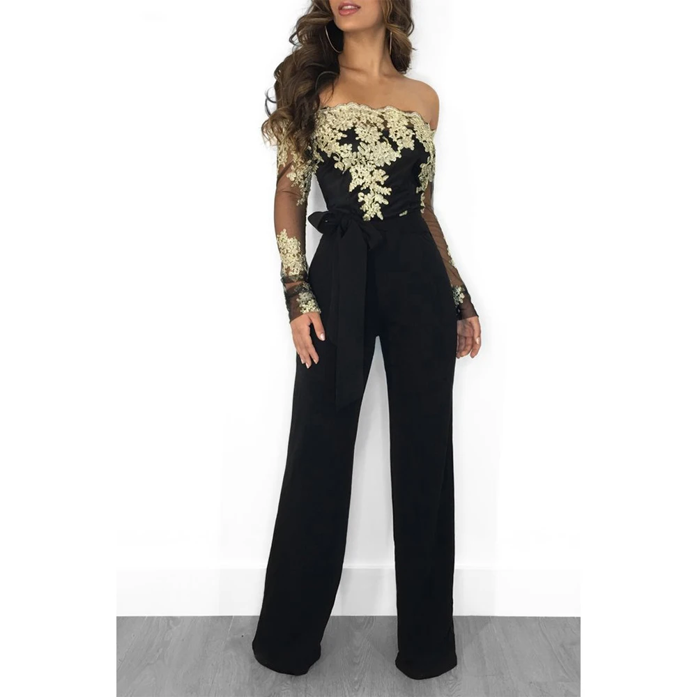 Appliques Ren Miếng Dán Cường Lực Jumpsuit Nữ Gợi Cảm Ôm Vai Chém Cổ Thanh Lịch Quần Ống Rộng Jumpsuit Đảng Áo Liền Quần