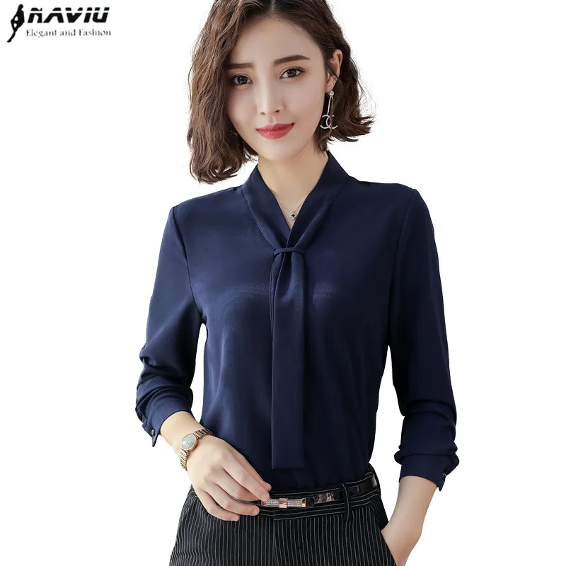 New Fashion Temperament Women Clothing Long Sleeve Blouses Formal Slim Tie Chiffon Shirt Office Ladies Tops Navy Blue Blusas