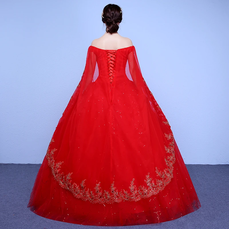 Robe de mariée en dentelle rouge et blanche, robe élégante, col bateau, appliques florales, voile, robe de princesse simple, train vintage, 2022