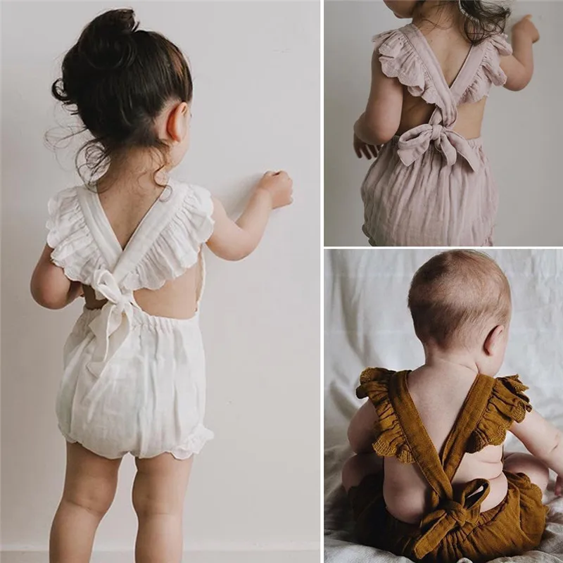 Cute Kids Baby Girls Ruffles Backless Romper Jumpsuit Newborn Summer Toddler Casual Clothes Outfit 3 Colors For 0-24M Baby