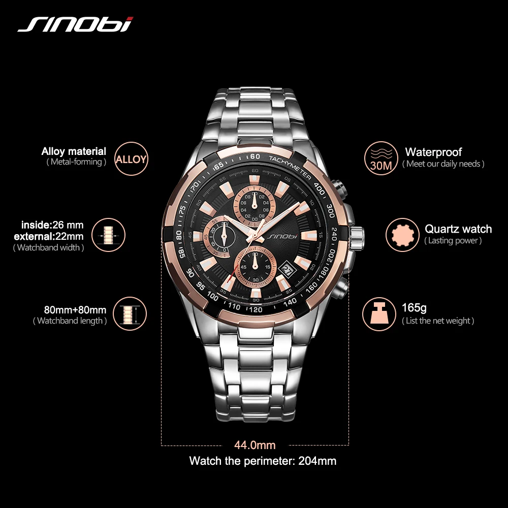 SINOBI Relogio Masculino Chronograph Mens Watches Top Brand Luxury Fashion Geneva Quartz Watch Man Sport Waterproof Wristwatch