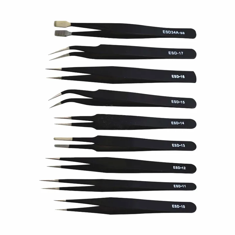 Anti-static tweezers Black straight round head elbow flat head pointed ESD tweezers set