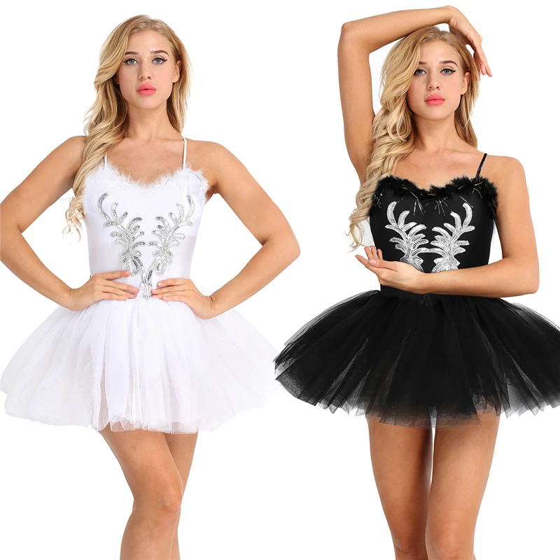 Vestido de collant feminino sem mangas, preto, cisne branco traje de dança, lantejoulas, malha Tutu, ginástica bodysuit, bailarina dancewear