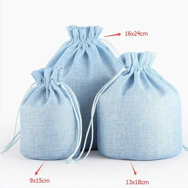 20pcs/lot Latest Round Bottom Candy Colors Double Lines Drawstring Sackcloth Linen Bags Pouches Christmas Packaging Gift Bag