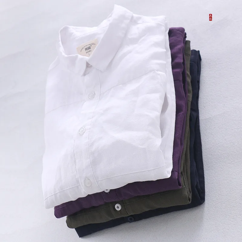 Designer new pure linen shirt men brand white casual loose long sleeve flax shirts for men camisa masculina chemise