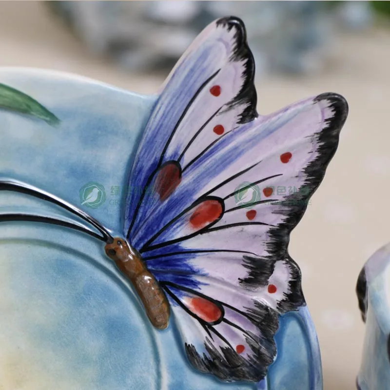 European Style Ceramic Hand-painted Butterfly Coffee Cup 3D Colored Enamel Porcelain Cups with Saucer and Teaspoon