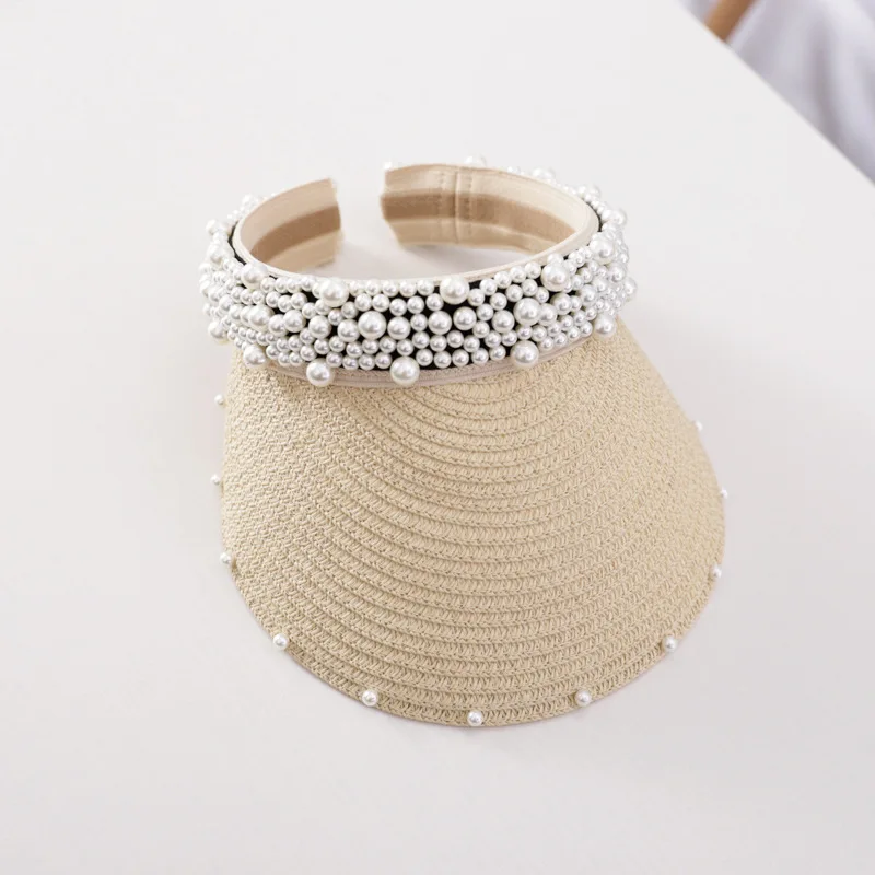 luxury 2019 New Women Pearl Headband Hat Visor Caps For Girls Beach Hats Braided Fashion Cap Lady Summer Straw Sun Hat