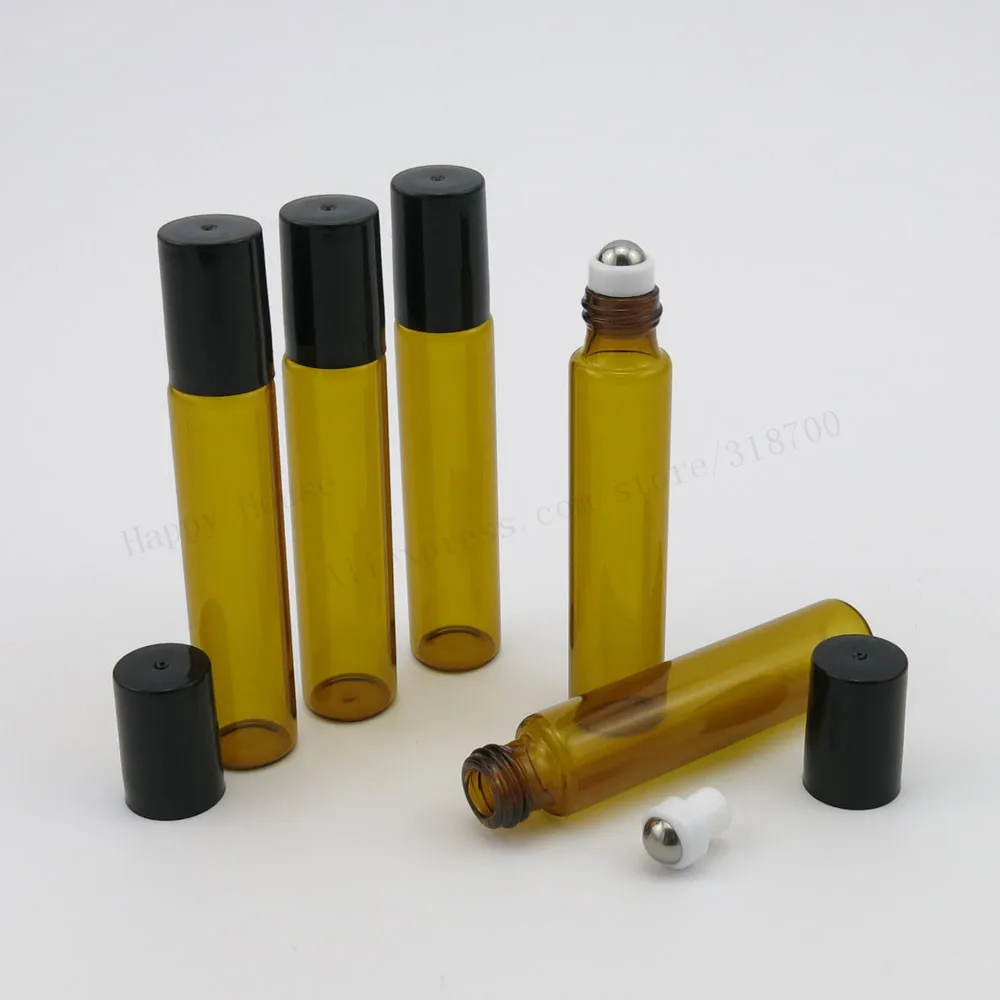 

360 x 10ml Empty Refillalbe Amber Glass Roll on Bottle Metal ball plastic cap 10cc Brown Glass roller Containers