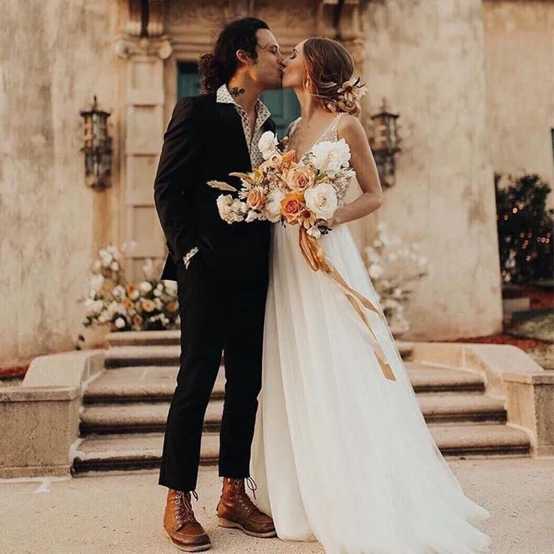 Vestido de novia blanco marfil con cuentas de princesa, traje de boda con espalda descubierta bohemio, línea A, tul, perlas, 2019