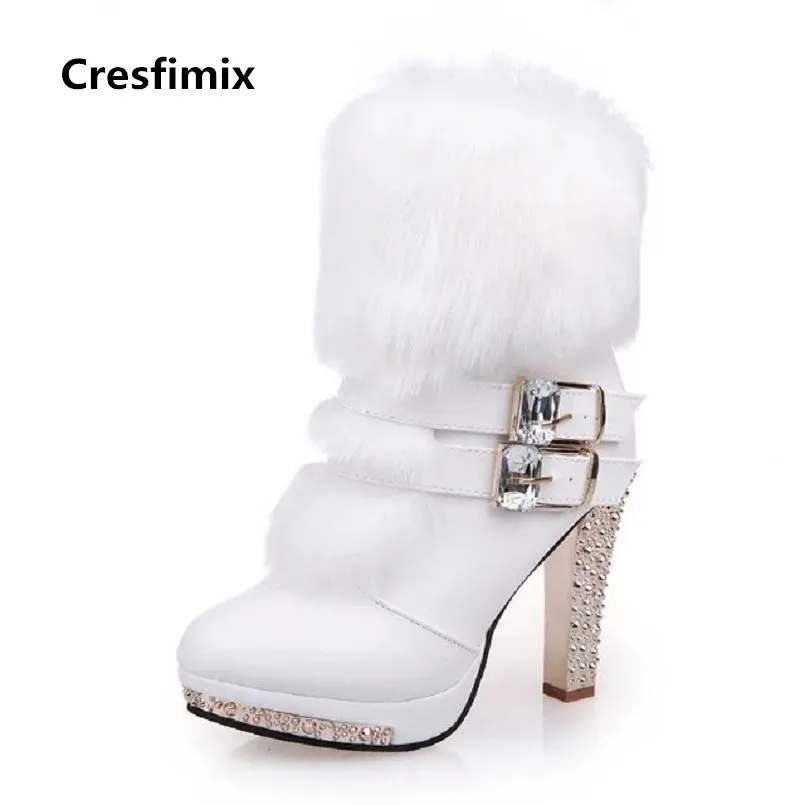 Cresfimix women cute sweet high quality white pu leather high heel boots lady casual autumn & winter warm boots cool shoes a2849