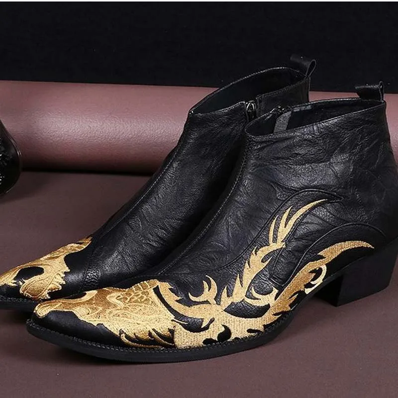 

luxury embroidery men shoes genuine leather business casual shoe fashion party wedding booties pointed toe high heel martin boot