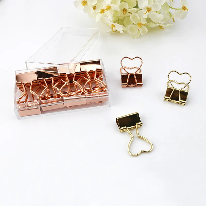 12Pcs Creative Heart Shape Metal Binder Clips Gold Rose Gold Paperclips For Photos Tickets Letter Notes Paper Clip Office Supply