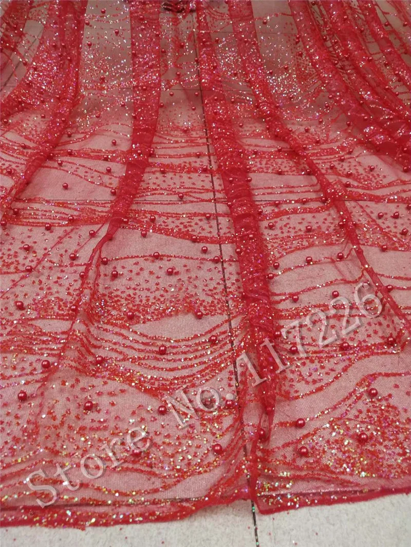 Rot farbe 5 yards geklebt glitter spitze stoff mit perlen auf verkauf JRB-32916 glitter mesh material für abendkleid