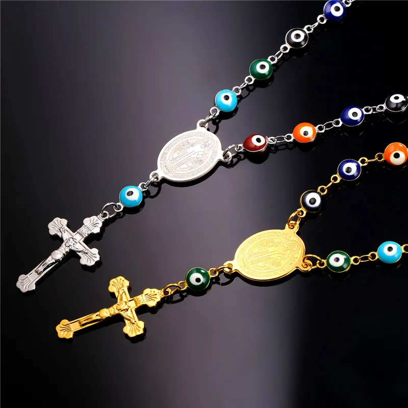 Rosary Bracelet Evil Eyes Beaded Cross Charm Gold Color Stainless Steel Saint Benedict Medal Bangle Religious Jewelry QC24