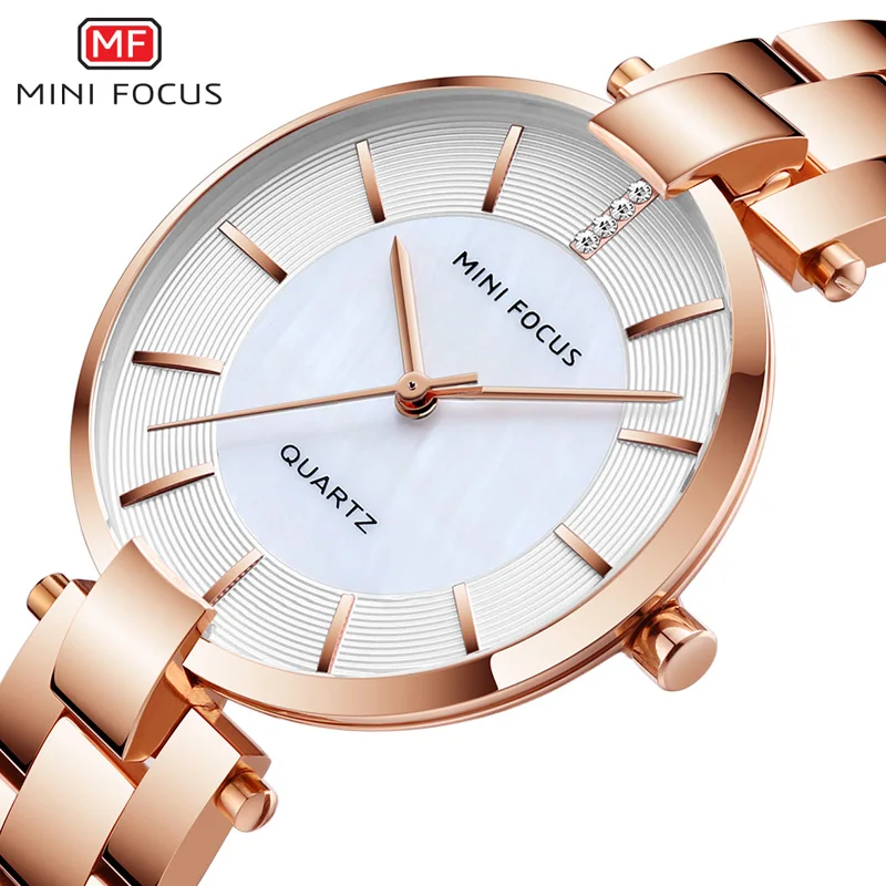 MINI FOCUS Women\'s Rose Gold Wrist Watches Simple Stainless Steel Bracelet Waterproof Dress Quartz Watch for Lady Woman 0224Rose