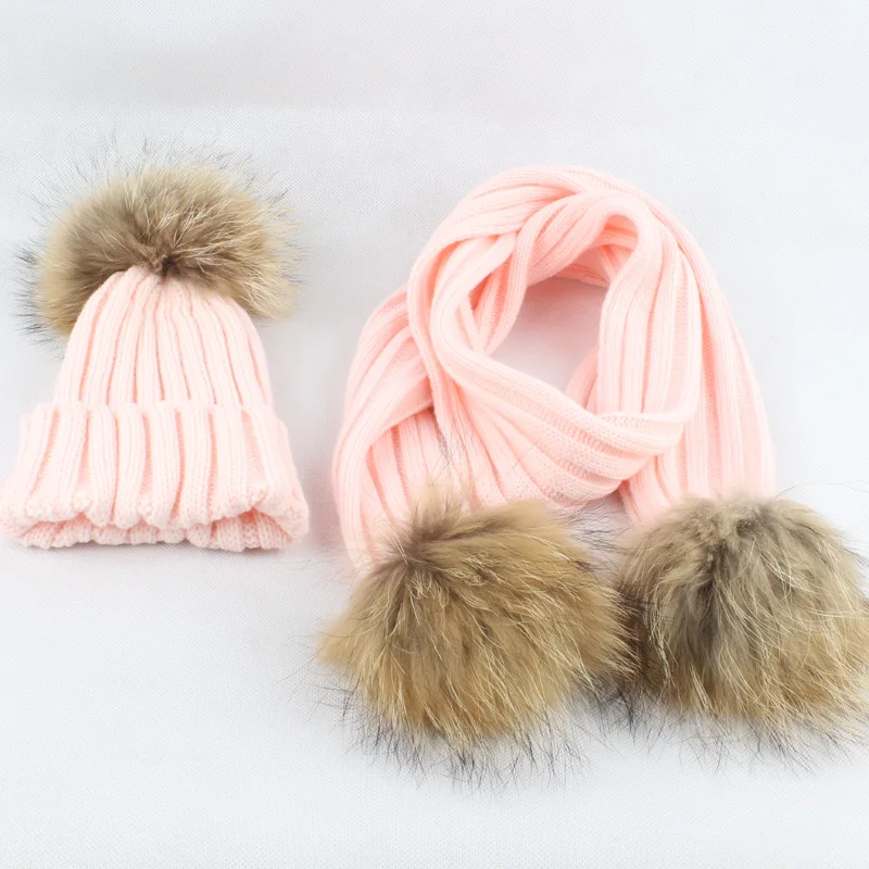 Kinderen Winter Muts Sjaal Set Baby Warm Gebreide Beanie Jongens Meisjes Echt Bont Pompom Hoed Voor Kinderen Winter Cap Skullies mutsen