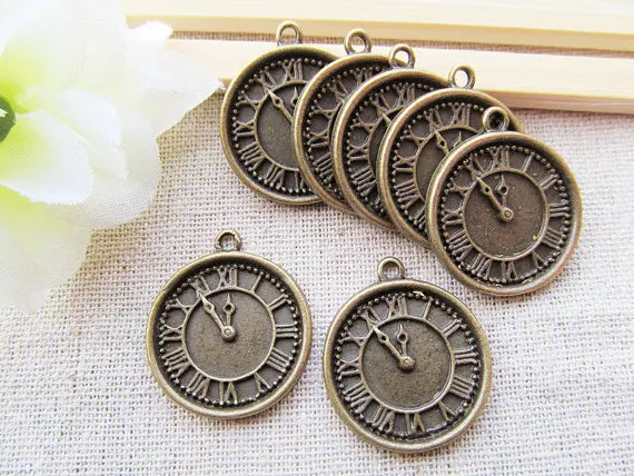 60pcs Vintage Antique bronze Round Flat Clock Time Pendant Charm/Finding,with Alphanumeric Indicator ,DIY Jewelry Accessory