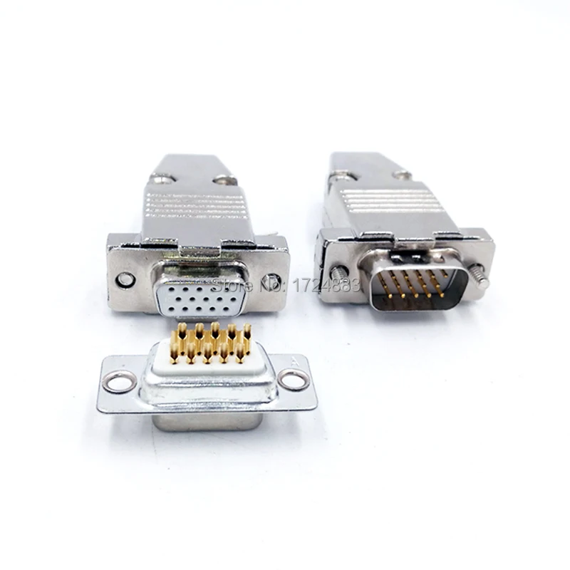 DB15 VGA 3 row Metal connector D Sub plug gold plated brass contactor 15 pin hole port socket female Male adapter