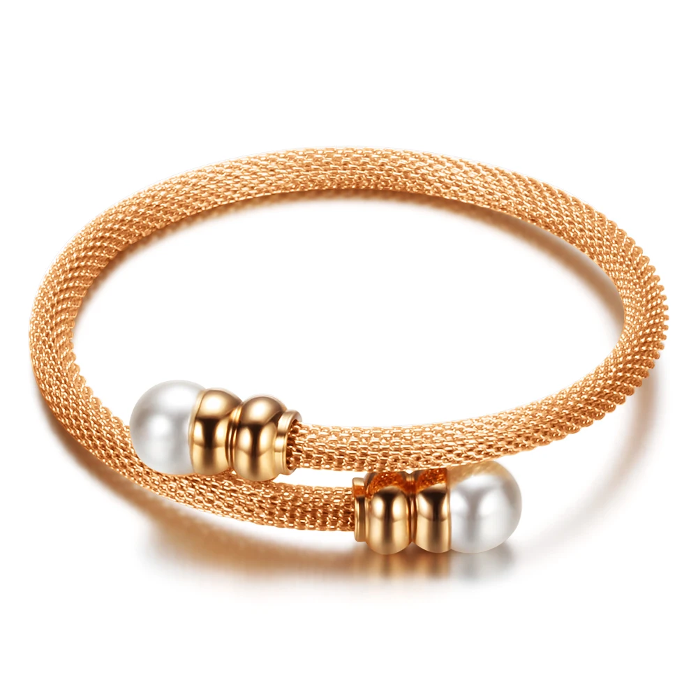 Fashion Pearl Jewelry HOT Sale New Women Cable Bangles Gold Color 316l Stainless Steel Bracelets Bangles