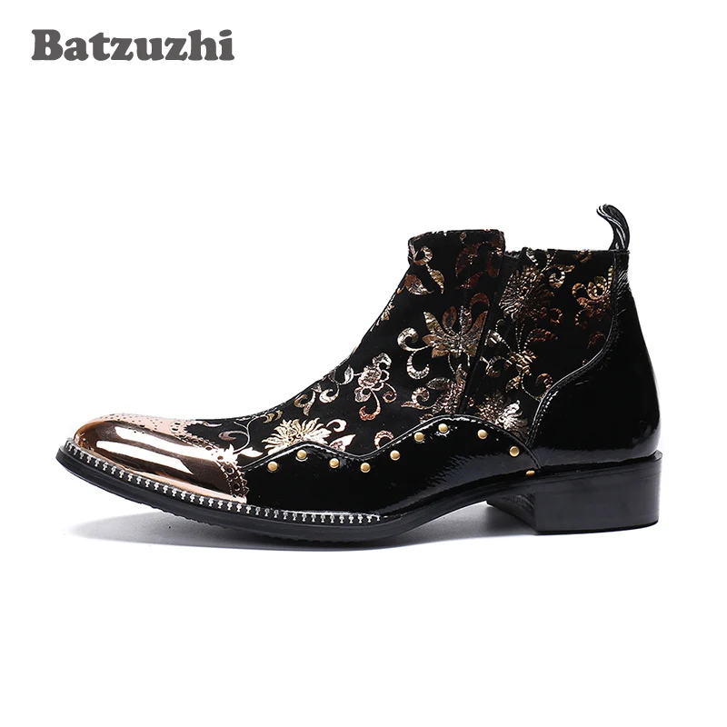 Batzuzhi Italiaanse Type Herenschoenen Puntige Metalen Neus Zwart Lederen Enkellaarsjes Botas Hombre Designer's Party Prom Boots Man, US6-12