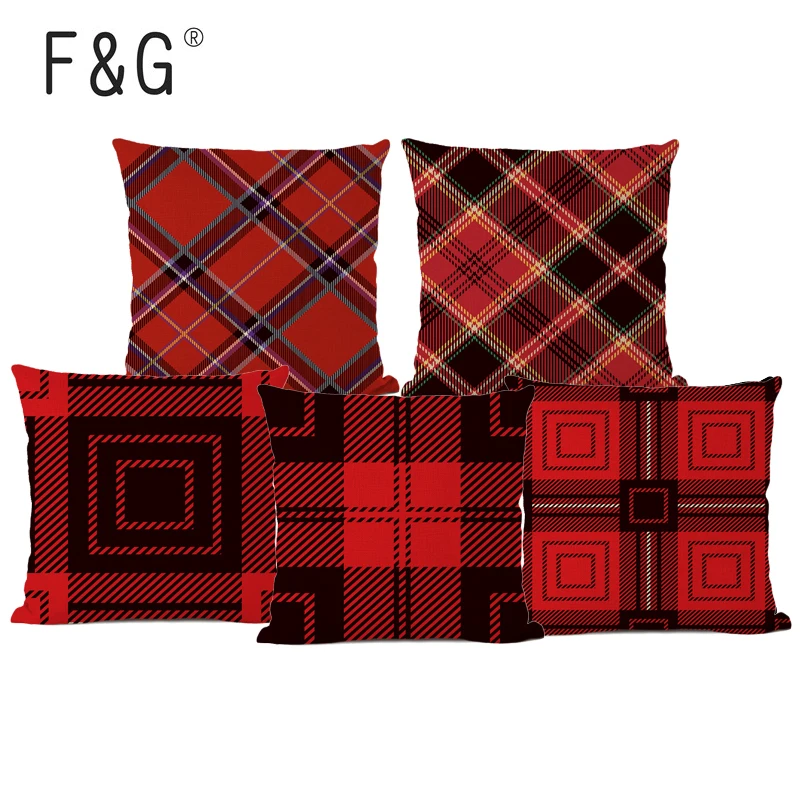 English Geometric Check Cushion Cover Printed Family Sofa Car Seat Linen-cotton Pillow Cover Family Decoration Throw Pillow