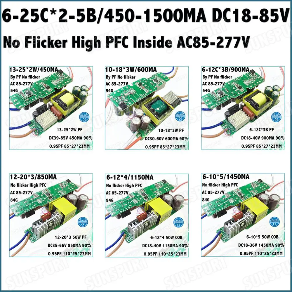 

2-20PCS High PFC>0.9 No Flicker Inside 20-60W AC85-277V LED Driver 6-25Cx2-5B 450-1500mA DC18-85V Constant Current Free Shipping