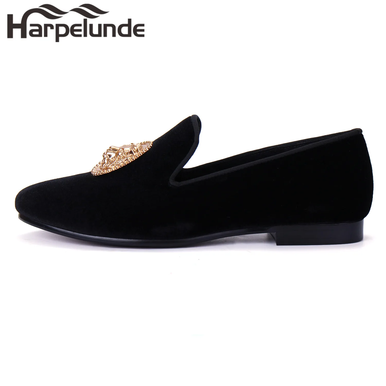 Harpelunde Men Event Tuxedo Shoes Lion Emblem Dress Wedding Black Velvet Loafer Slippers