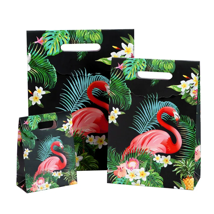 10pcs/pack Sticking Handbags Flamingo Black Gift Bag Handbag For Wedding Party Birthday Gift Paper Bag Flowers