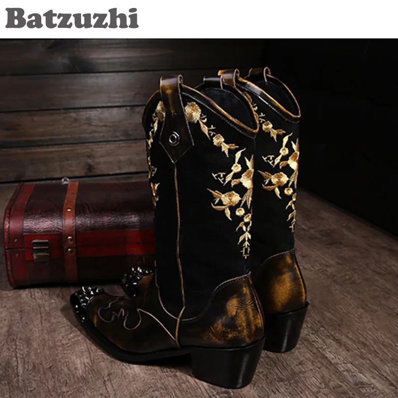 Batzuzhi Super Cool! Rock Personality Man Boots Knight Motocycle Boots Leather Cowboy Boots for Man Zapatos Hombre, EU38-46!