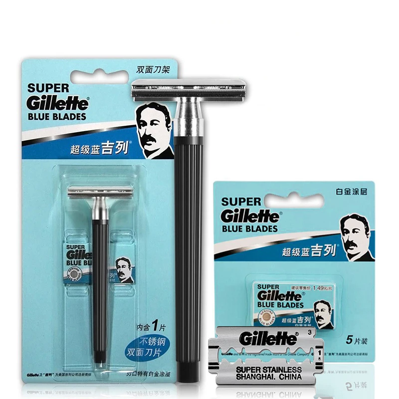 Gillette Super Blue Men Shaving Razors 1 Holder with 1 Blade +5 Blades Official Authentic Shavors Safety Razors