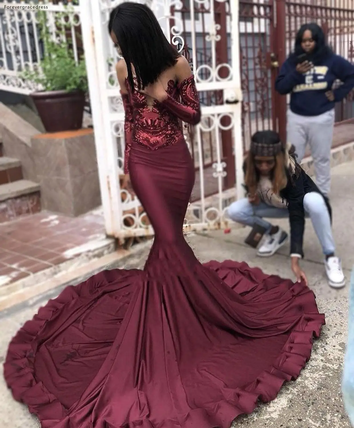 Mermaid Burgund Prom Kleider 2019 Afrikanische Schwarze Mädchen Mit Langen Ärmeln Pageant Ferien Graduation Tragen Formale Abend Party Kleider